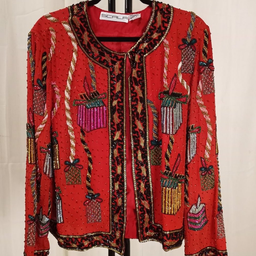 SCALA VINTAGE CHRISTMAS SEQUIN & BEADED LONGSLEEVE BLAZER SIZE LARGE